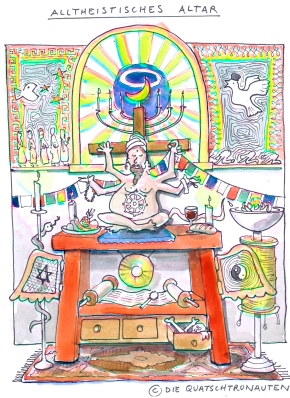Alltheistisches Alltar mit Symbolen und Götter aus dem Christentum, Islam, Hinduismus, Buddhismus und Judentum. Cartoon